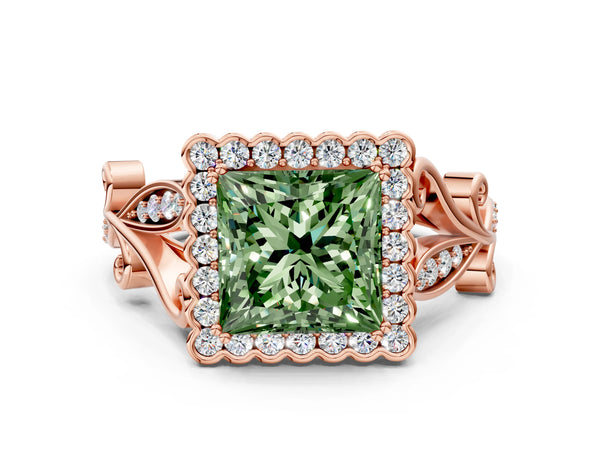 Rose Gold Princess Cut Graduated Leaf Halo Engagement Ring Setting for Fancy Green Center