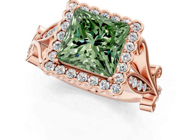 Rose Gold Princess Cut Graduated Leaf Halo Engagement Ring Setting for Fancy Green Center