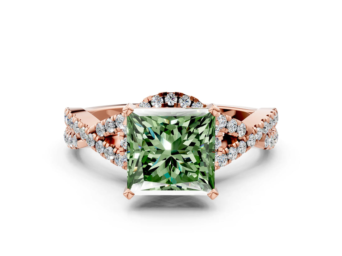 Rose gold Fancy Green Princess Cut Diamond  Halo Twist Band Solitaire Prong Setting Ring_42
