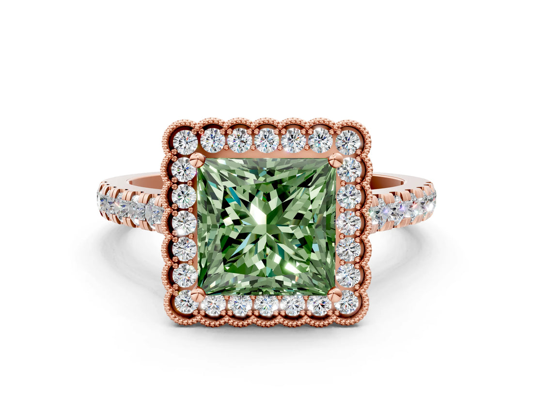 Rose gold Fancy Green Princess  Cut Diamond Milgrain Floral Halo Engagement Ring with Pavé Band_15
