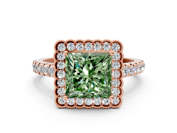 Rose gold Fancy Green Princess  Cut Diamond Milgrain Floral Halo Engagement Ring with Pavé Band