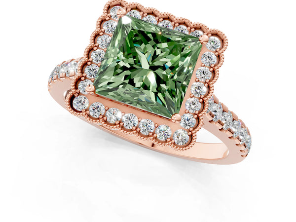 Rose gold Fancy Green Princess  Cut Diamond Milgrain Floral Halo Engagement Ring with Pavé Band