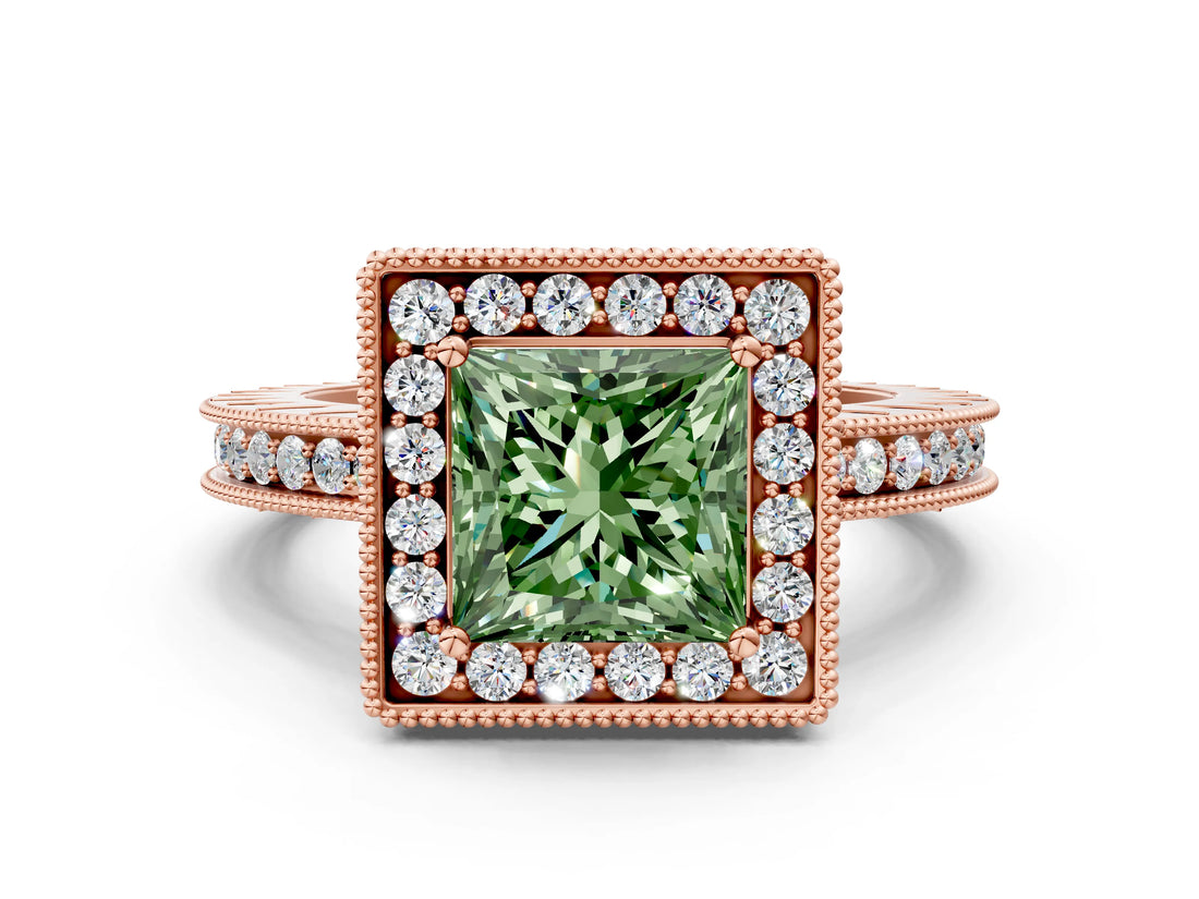 Rose gold Fancy Green Princess Cut Diamond Milgrain Halo Engagement Ring with Round Pavé Band and Prong Setting_12