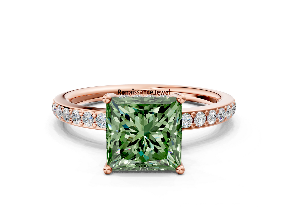 Rose gold Fancy Green Princess  Cut Diamond Pavé Band Ring with Four-Prong Setting