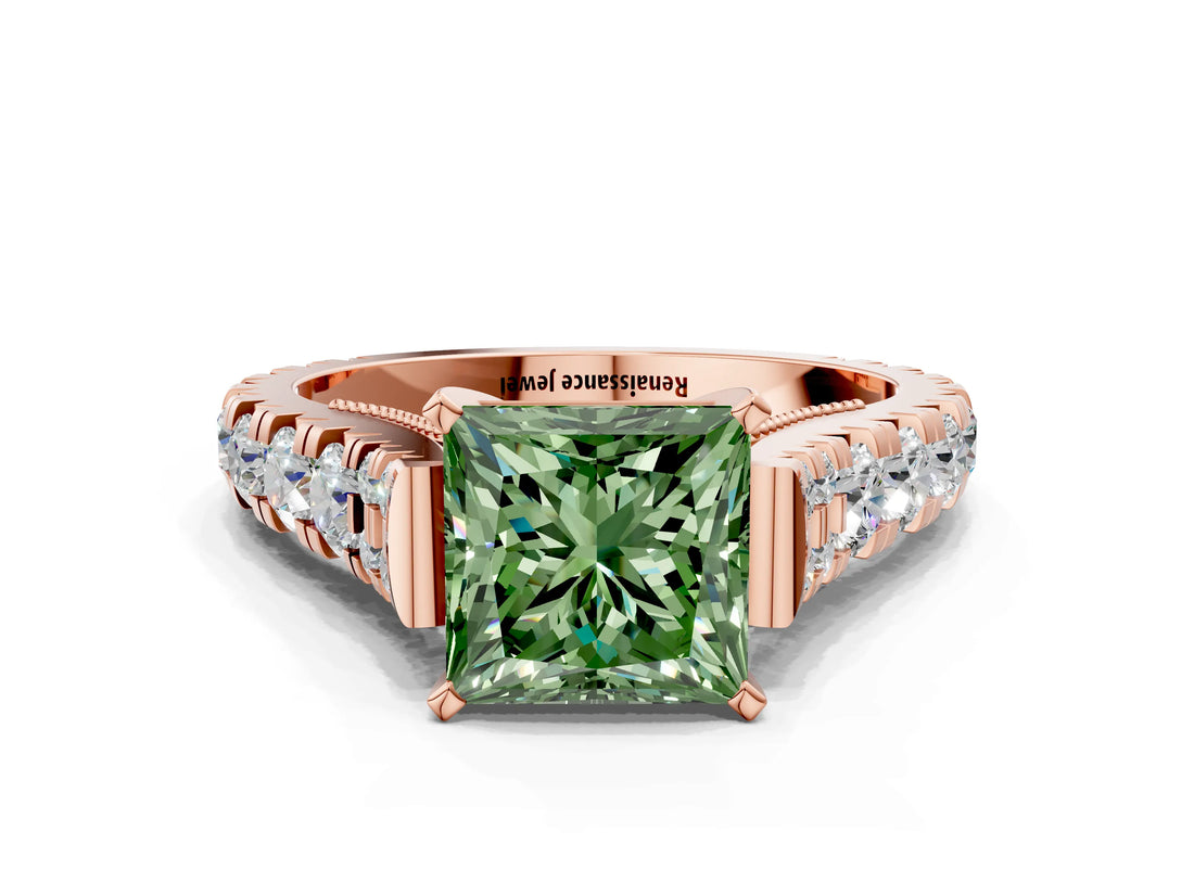 Rose gold Fancy Green Princess  Cut Diamond Pavé Band Solitaire with Four-Prong Setting_15