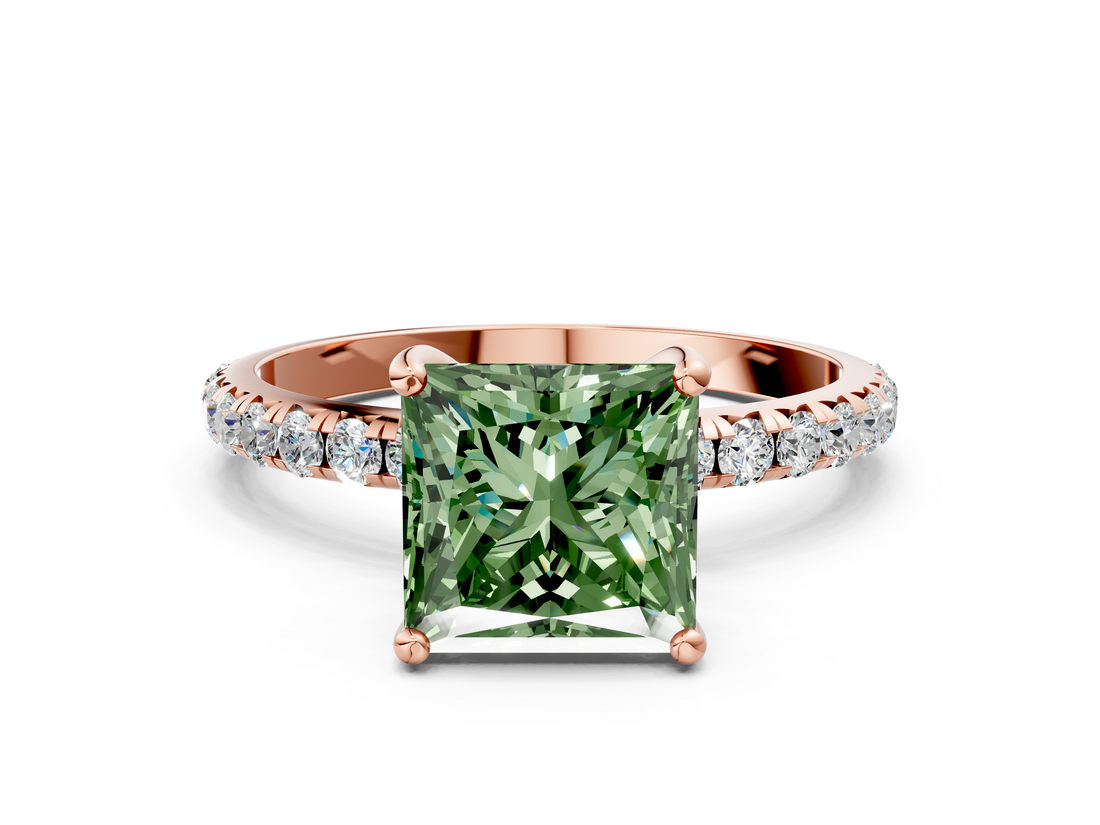 Rose gold Fancy Green Princess  Cut Diamond Pavé Band Solitaire with Four-Prong Setting_3