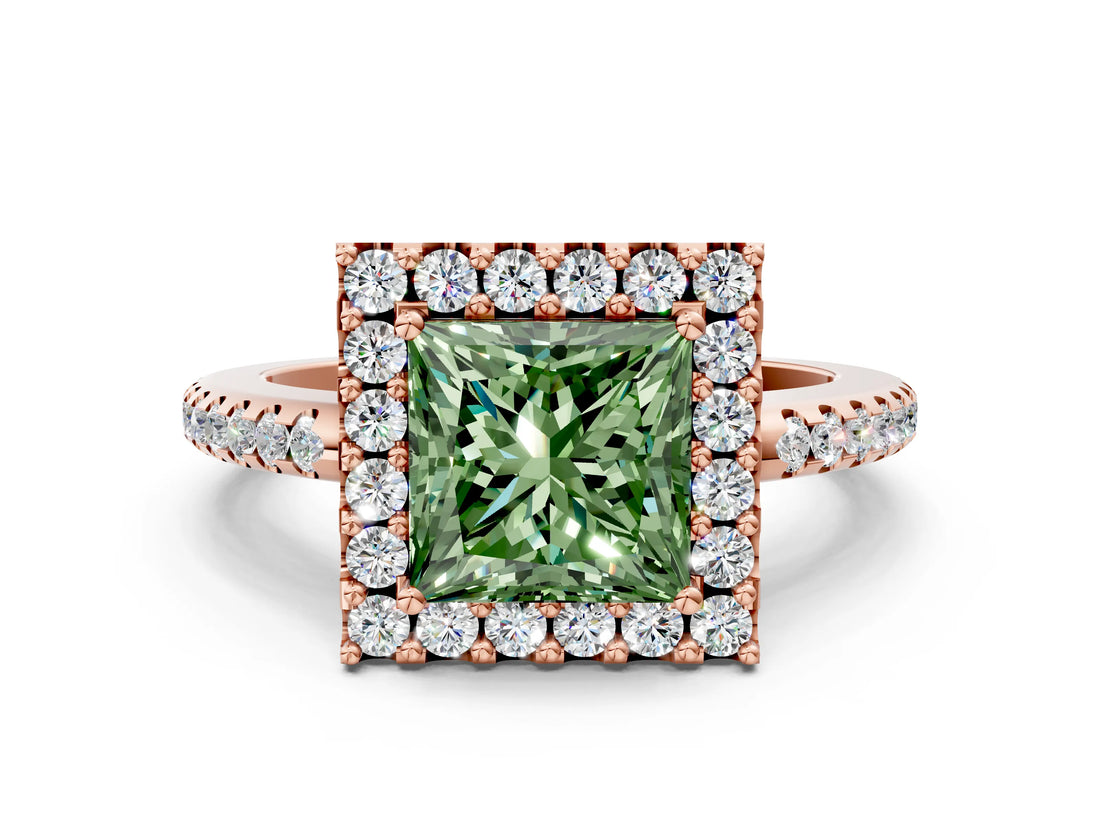 Rose gold Fancy Green Princess Cut Diamond Pavé Halo Ring with Four-Prong Setting_18