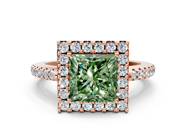 Rose gold Fancy Green Princess Cut Diamond Pavé Halo Ring with Four-Prong Setting