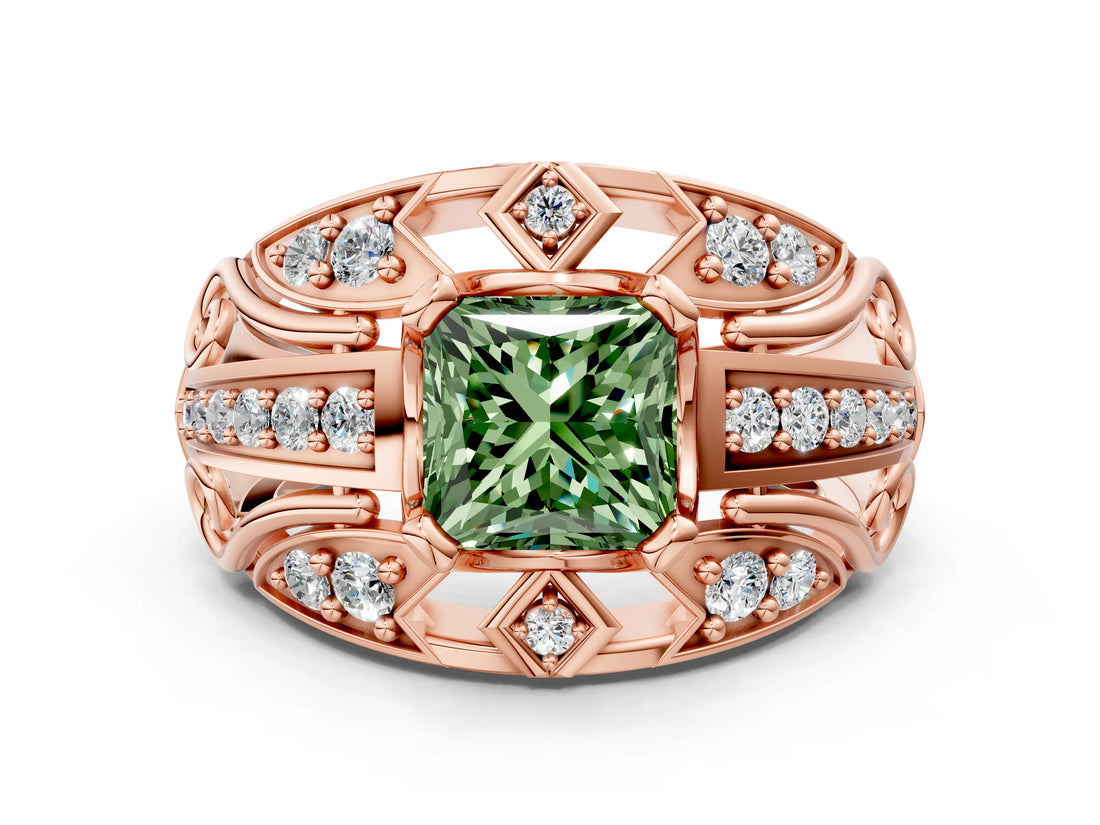 Rose gold Fancy Green Princess Cut Diamond Pave Art Deco Split Shank Ring with Four-Prong Setting