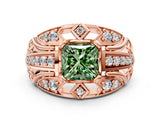 Rose gold Fancy Green Princess Cut Diamond Pave Art Deco Split Shank Ring with Four-Prong Setting