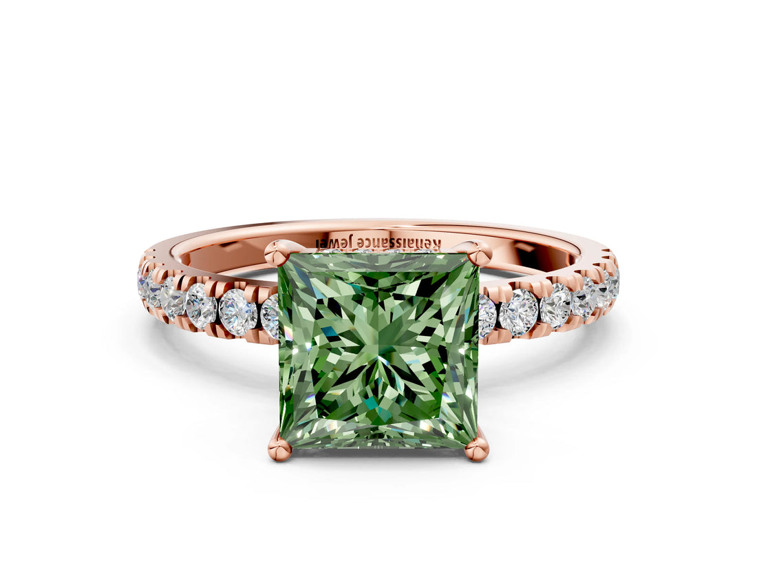 Rose gold Fancy Green Princess Cut Diamond Pave Band Solitaire Ring with Four-Prong Setting_18