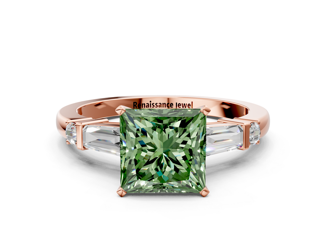 Rose gold Fancy Green Princess  Cut Diamond Ring with Baguette Side Stones, Channel Set Band, and Four-Prong Setting