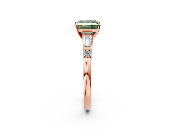 Rose gold Fancy Green Princess  Cut Diamond Ring with Baguette Side Stones, Channel Set Band, and Four-Prong Setting