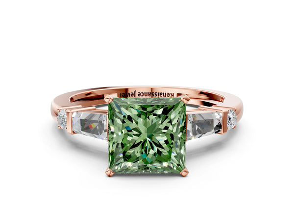 Rose gold Fancy Green Princess  Cut Diamond Ring with Baguette Side Stones, Channel Set Band, and Four-Prong Setting