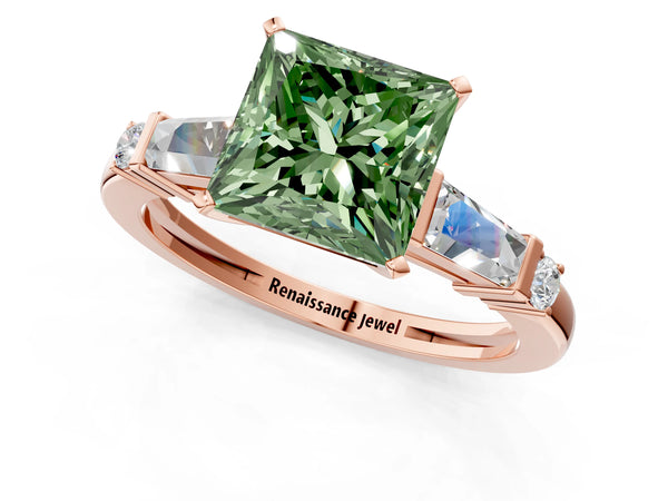 Rose gold Fancy Green Princess  Cut Diamond Ring with Baguette Side Stones, Channel Set Band, and Four-Prong Setting