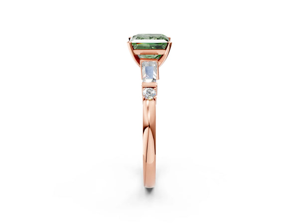 Rose gold Fancy Green Princess  Cut Diamond Ring with Baguette Side Stones, Channel Set Band, and Four-Prong Setting