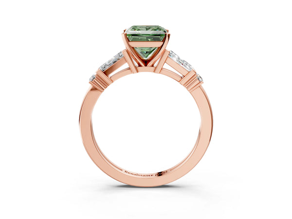 Rose gold Fancy Green Princess  Cut Diamond Ring with Baguette Side Stones, Channel Set Band, and Four-Prong Setting