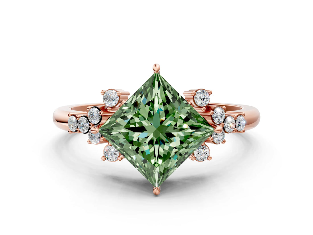 Rose gold Fancy Green Princess Cut Diamond Ring with Side Stones and Four-Prong Setting_41