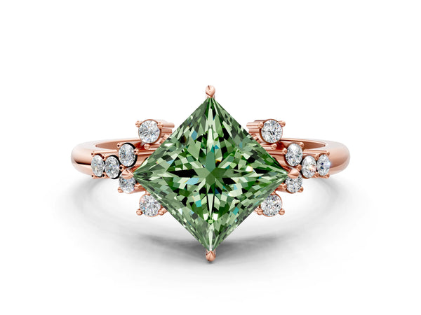 Rose gold Fancy Green Princess Cut Diamond Ring with Side Stones and Four-Prong Setting