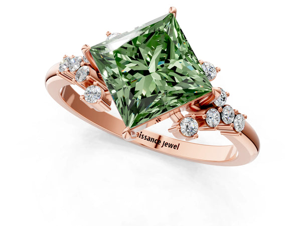 Rose gold Fancy Green Princess Cut Diamond Ring with Side Stones and Four-Prong Setting