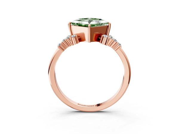 Rose gold Fancy Green Princess Cut Diamond Ring with Side Stones and Four-Prong Setting