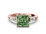 Rose gold Fancy Green Princess  Cut Diamond Ring with Tapered Baguette Side Stones in Four-Prong Setting