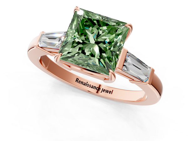 Rose gold Fancy Green Princess  Cut Diamond Ring with Tapered Baguette Side Stones in Four-Prong Setting