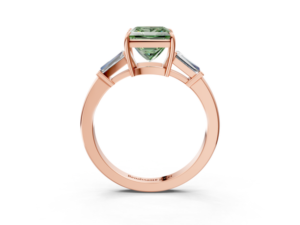 Rose gold Fancy Green Princess  Cut Diamond Ring with Tapered Baguette Side Stones in Four-Prong Setting