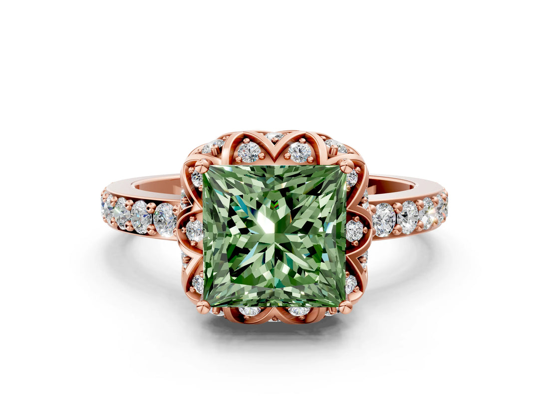 Rose gold Fancy Green Princess Cut Diamond Scalloped Halo Engagement Ring with Round Shared Prong Band_12