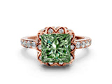 Rose gold Fancy Green Princess Cut Diamond Scalloped Halo Engagement Ring with Round Shared Prong Band_12