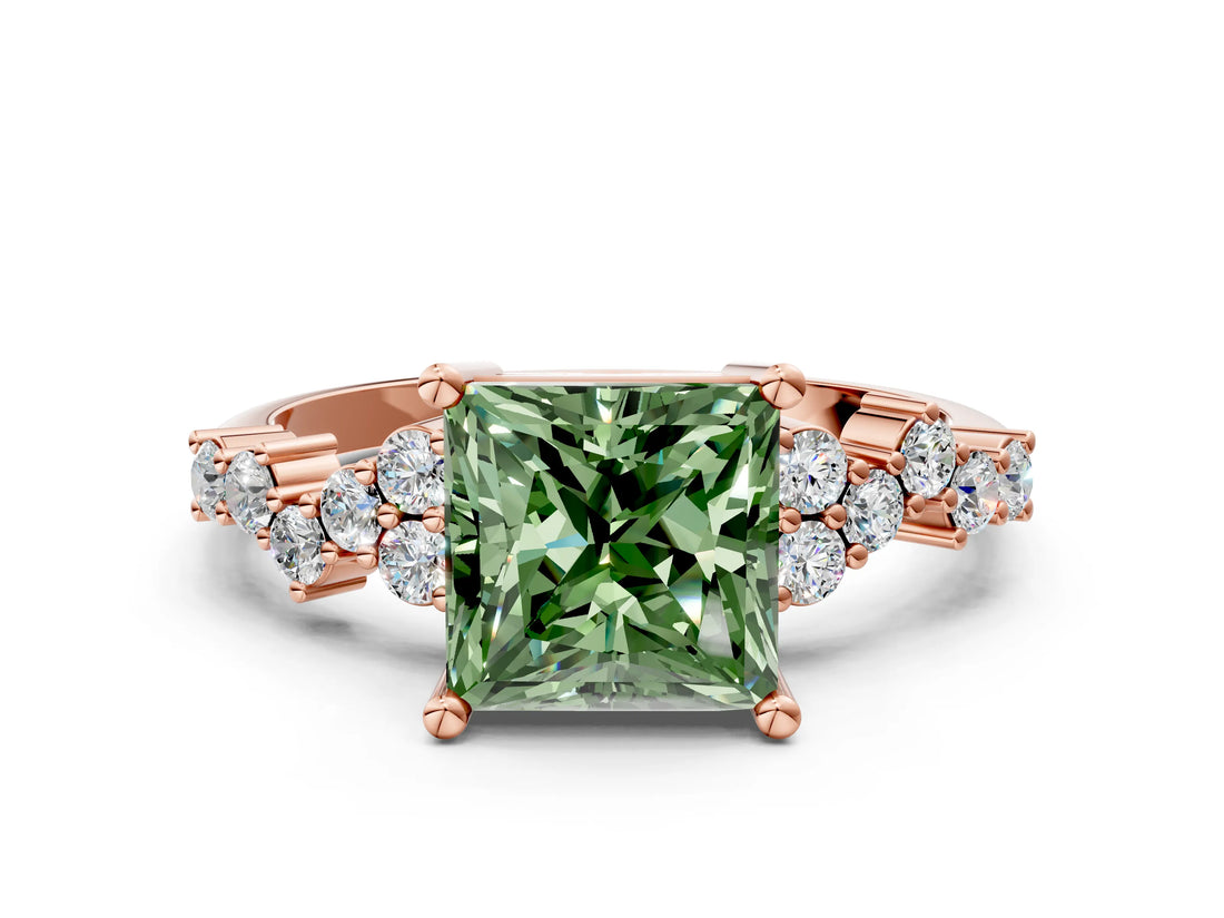 Rose gold Fancy Green Princess Cut Diamond Scattered Round Accent Ring with Prong Setting_12