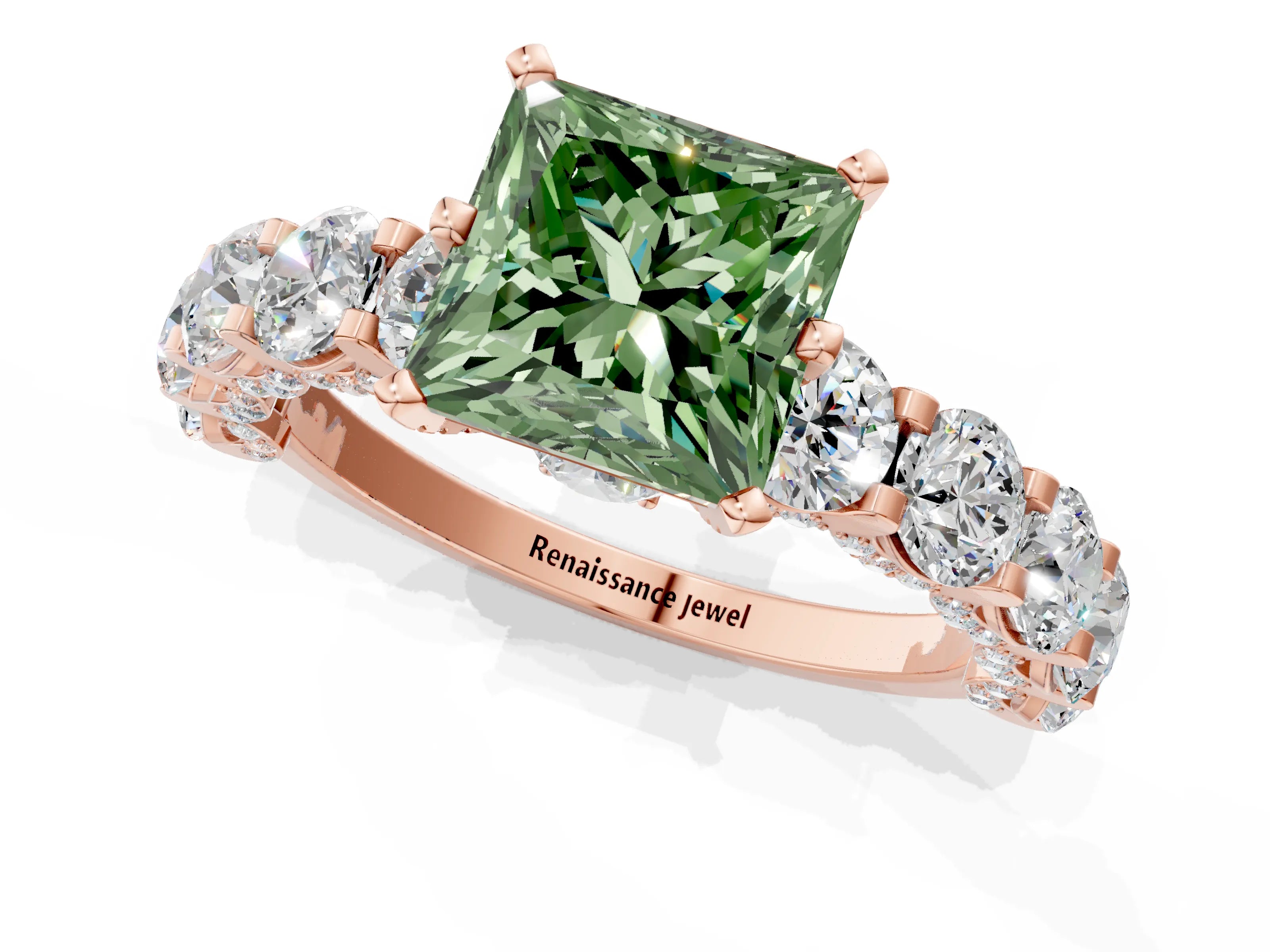 Rose gold Fancy Green Princess Cut Diamond Side Stone Engagement Ring with Four-Prong Setting_25