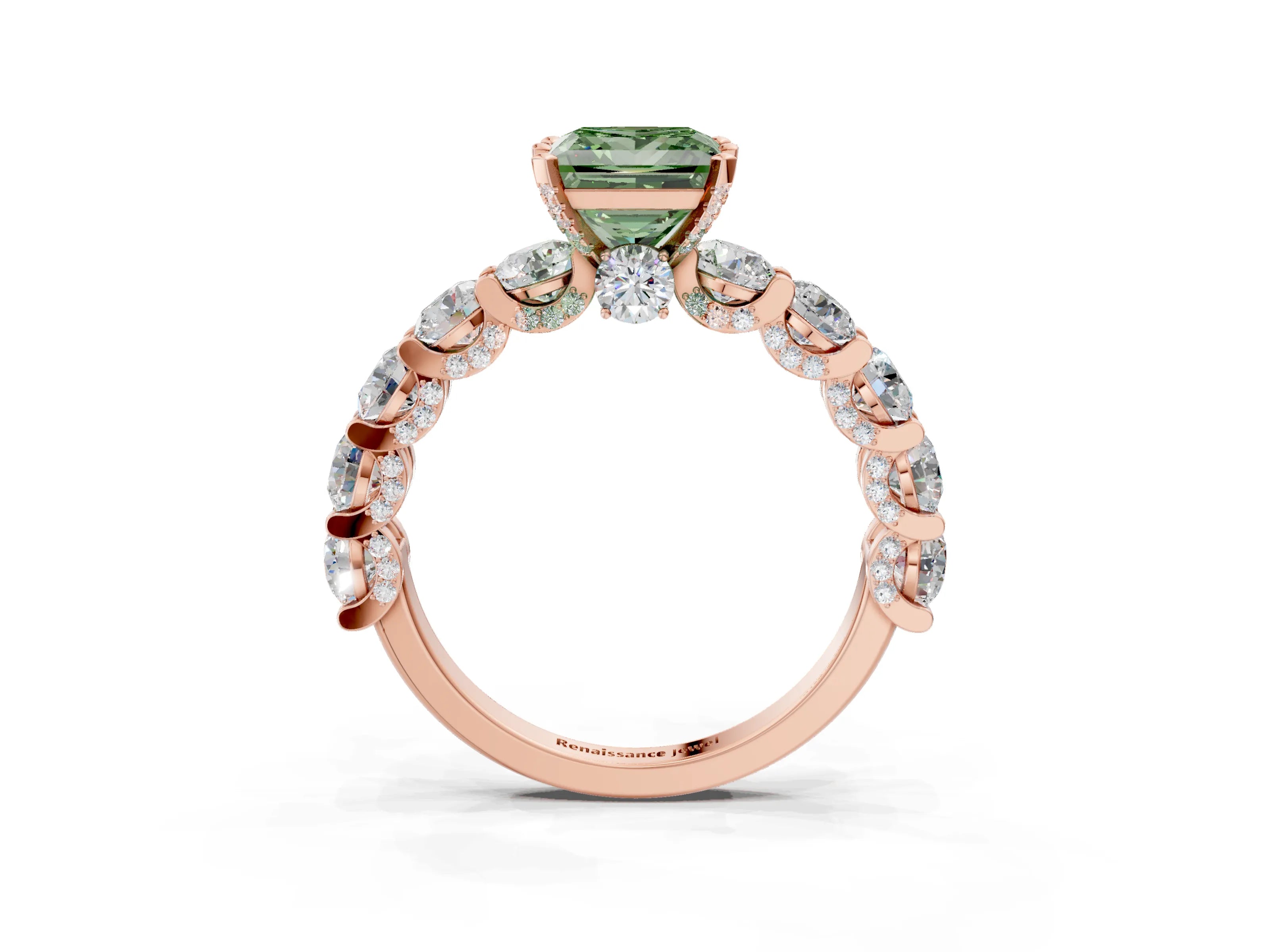 Rose gold Fancy Green Princess Cut Diamond Side Stone Engagement Ring with Four-Prong Setting_27