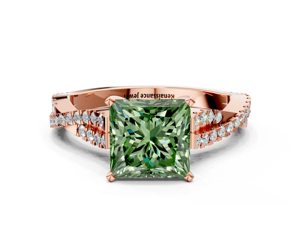 Rose Gold Princess Cut Twisted Pave Engagement Ring Setting for Fancy Green Center