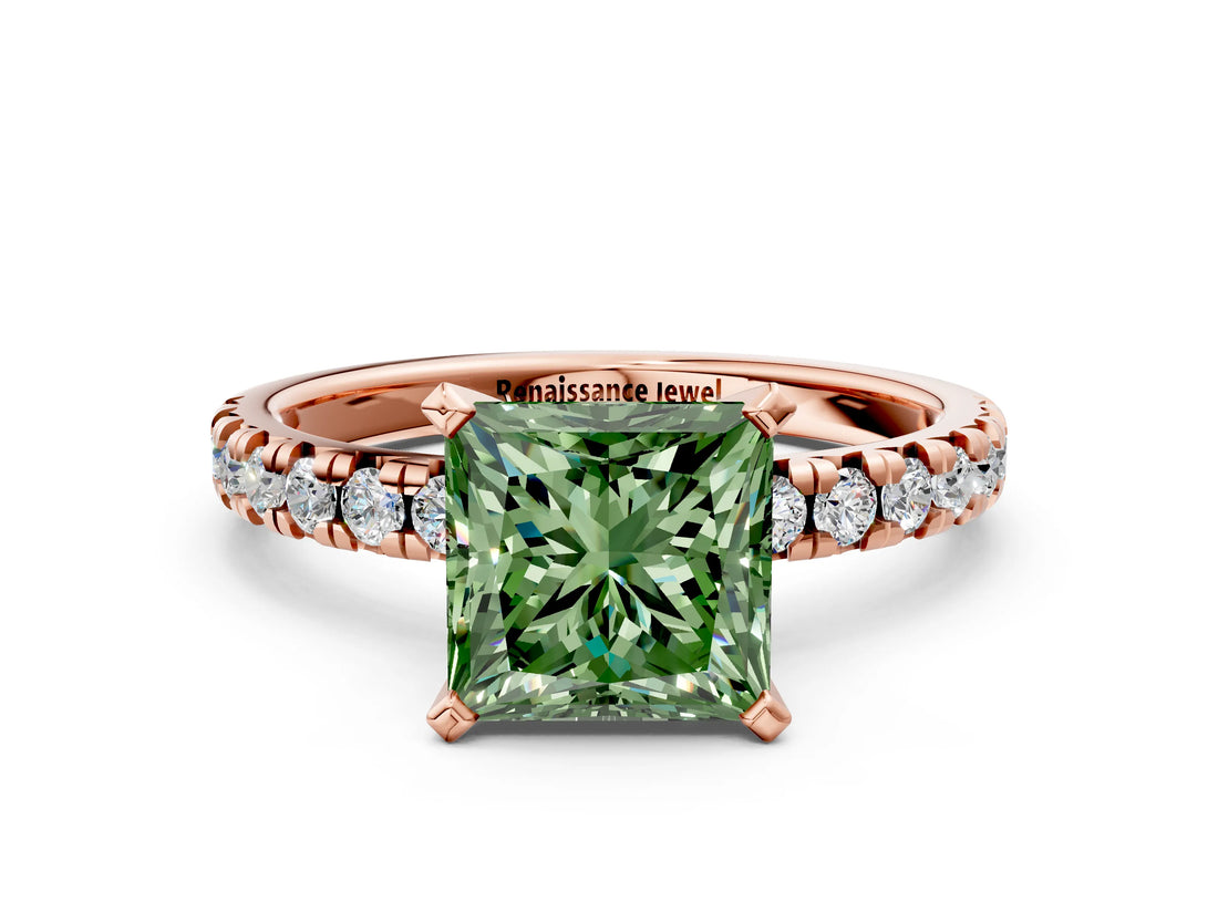 Rose gold Fancy Green Princess Cut Diamond Solitaire Pavé Engagement Ring with Round Band and Prong Setting_72