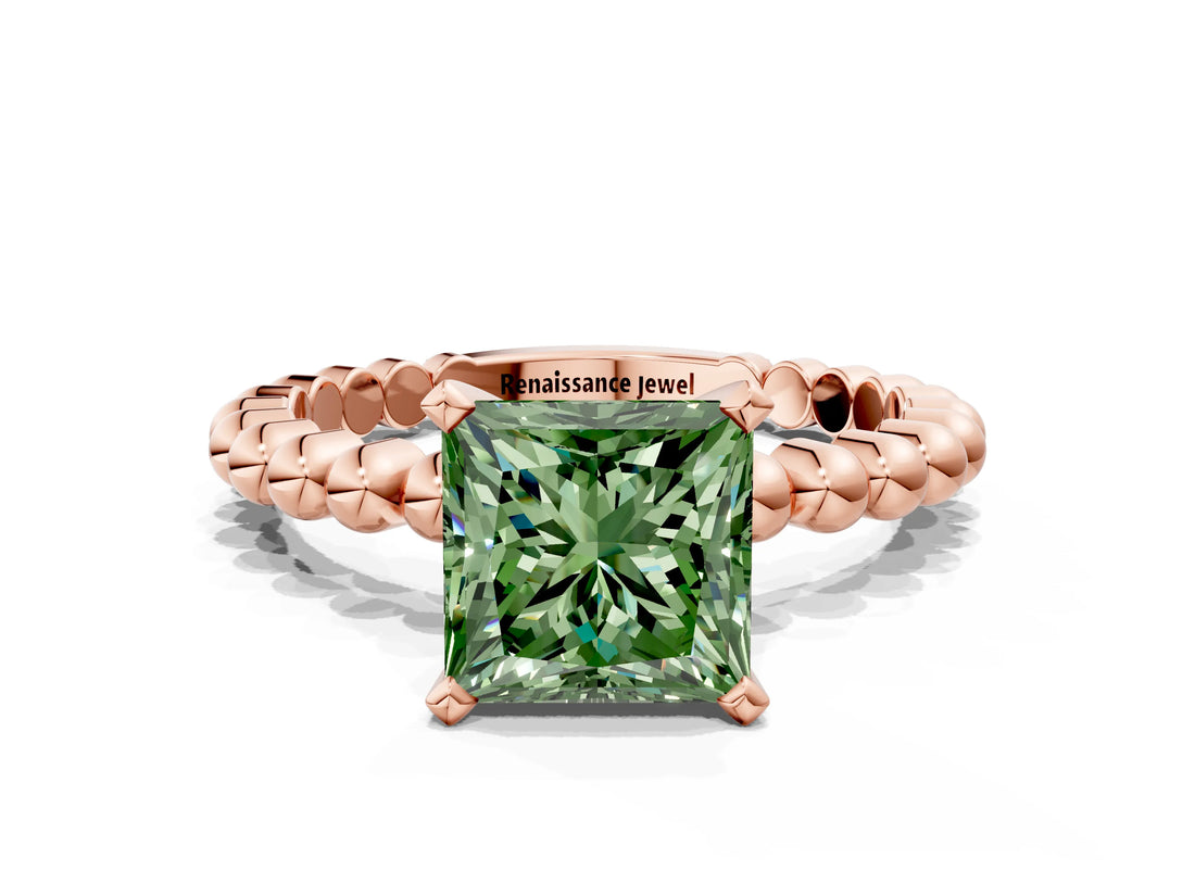 Rose gold Fancy Green Princess Cut Diamond Solitaire Ring with Beaded Band and Prong Setting_28