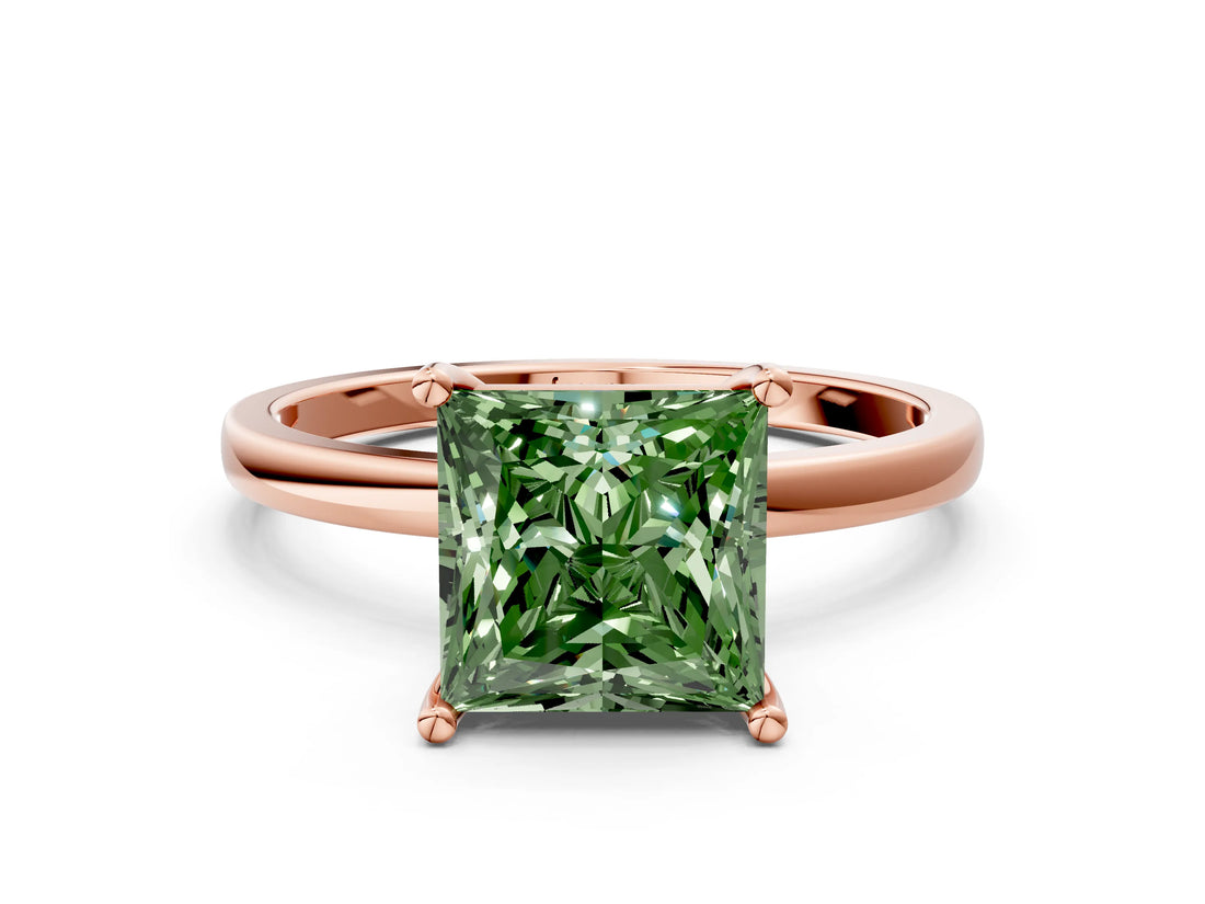 Rose gold Fancy Green Princess Cut Diamond Solitaire Ring with Classic Band and Four-Prong Setting
