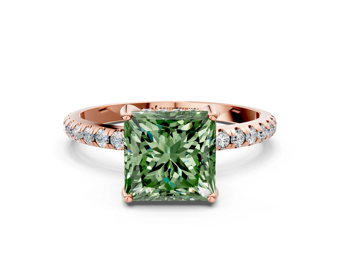 Rose gold Fancy Green Princess Cut Diamond Solitaire Ring with Four-Prong Setting and Pavé Band_3