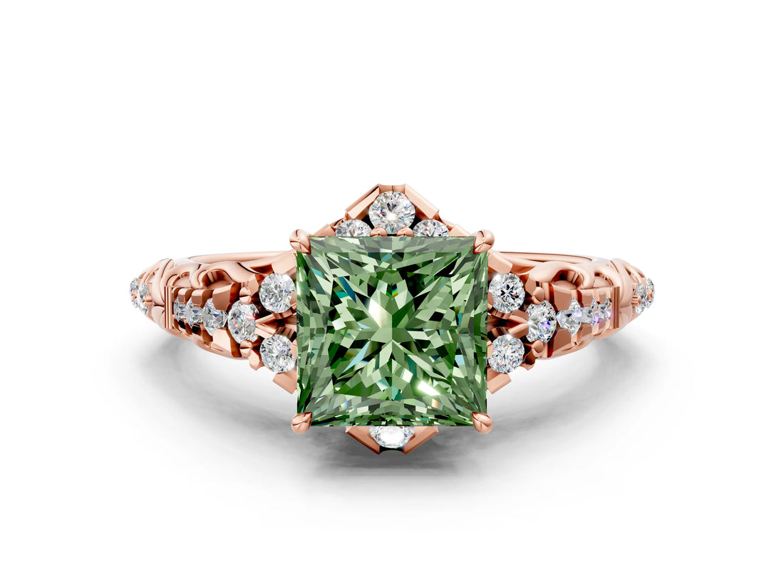 Rose gold Fancy Green Princess Cut Diamond Solitaire Ring with Hidden Halo and Pavé Band_27