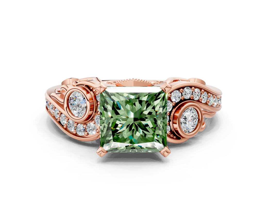 Rose gold Fancy Green Princess Cut Diamond Solitaire Ring with Milgrain Pavé Band and Four-Prong Setting_17
