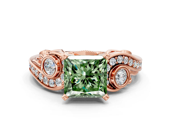Rose gold Fancy Green Princess Cut Diamond Solitaire Ring with Milgrain Pavé Band and Four-Prong Setting