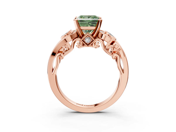 Rose gold Fancy Green Princess Cut Diamond Solitaire Ring with Milgrain Pavé Band and Four-Prong Setting