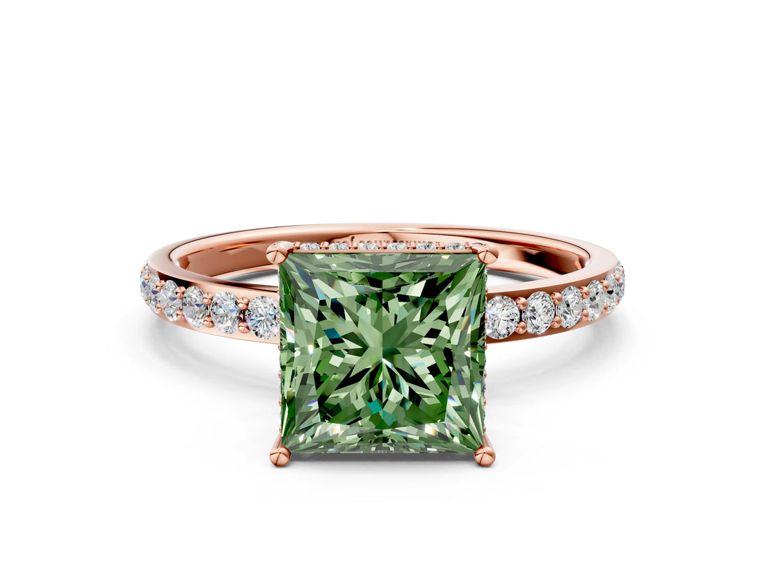 Rose gold Fancy Green Princess Cut Diamond Solitaire Ring with Pavé Band and Hidden Halo_20