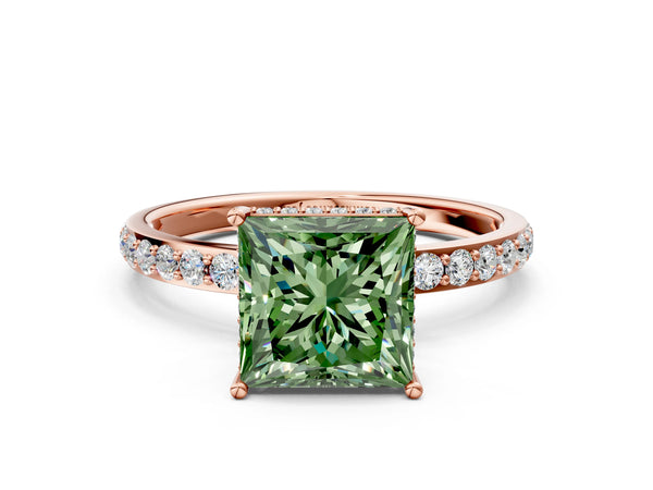 Rose gold Fancy Green Princess Cut Diamond Solitaire Ring with Pavé Band and Hidden Halo