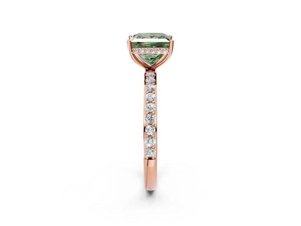Rose gold Fancy Green Princess Cut Diamond Solitaire Ring with Pavé Band and Hidden Halo