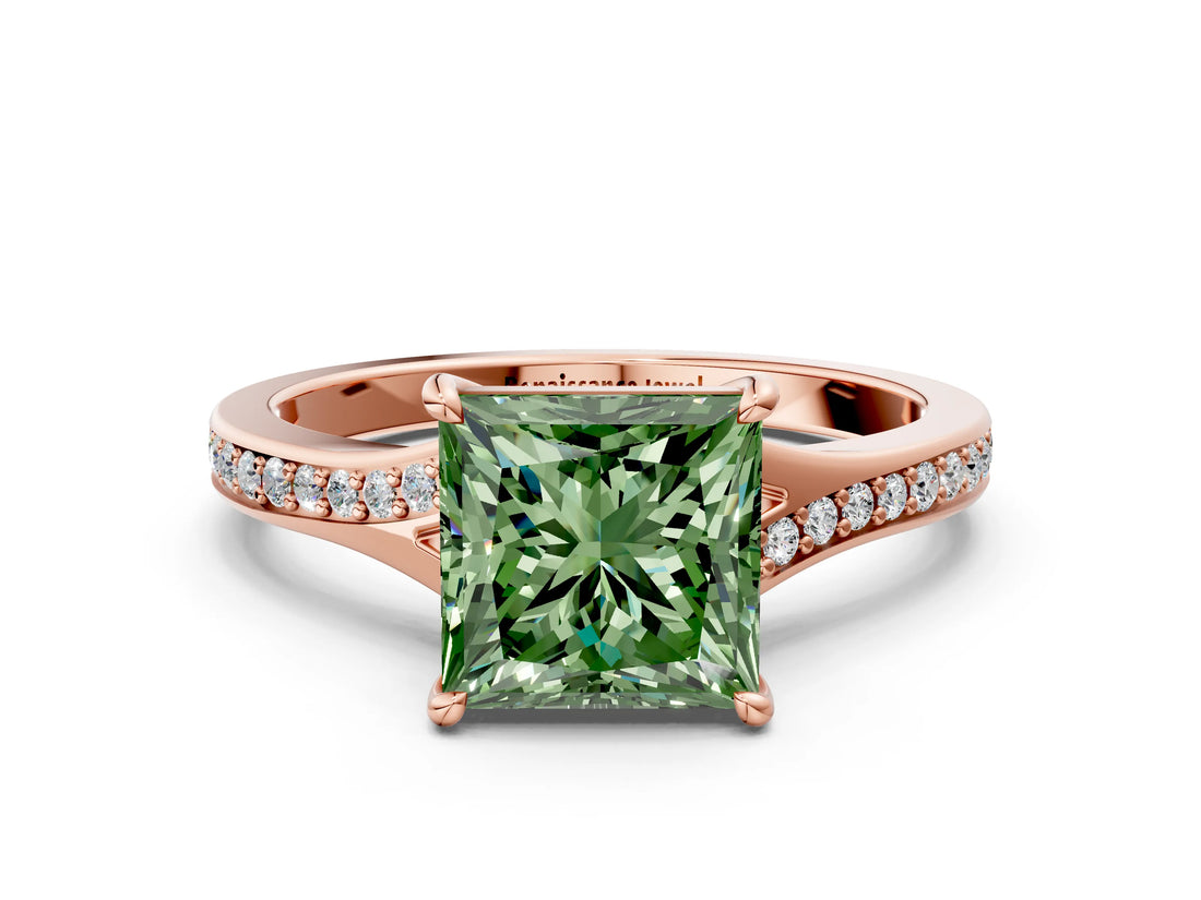 Rose gold Fancy Green Princess Cut Diamond Solitaire Ring with Pavé Band and Prong Setting_12