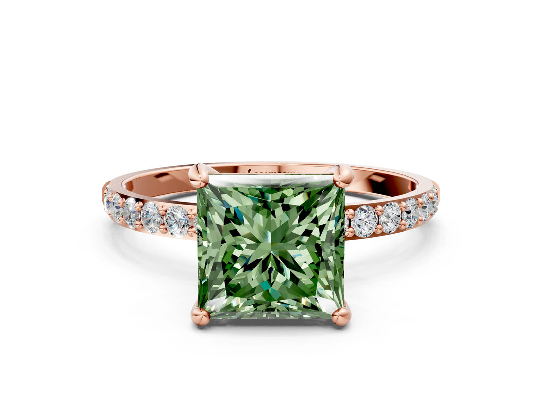 Rose gold Fancy Green Princess Cut Diamond Solitaire Ring with Pave Band and Four Prong Setting_17