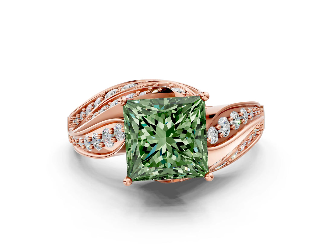 Rose gold Fancy Green Princess Cut Diamond Solitaire Ring with Prong Setting and Twisted Pavé Band