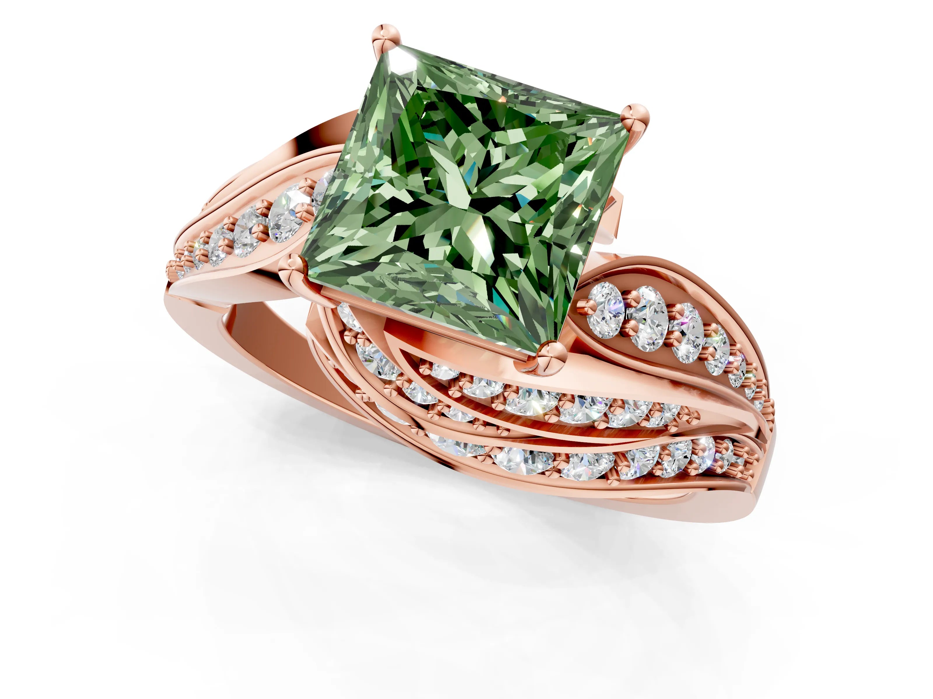 Rose gold Fancy Green Princess Cut Diamond Solitaire Ring with Prong Setting and Twisted Pavé Band_1