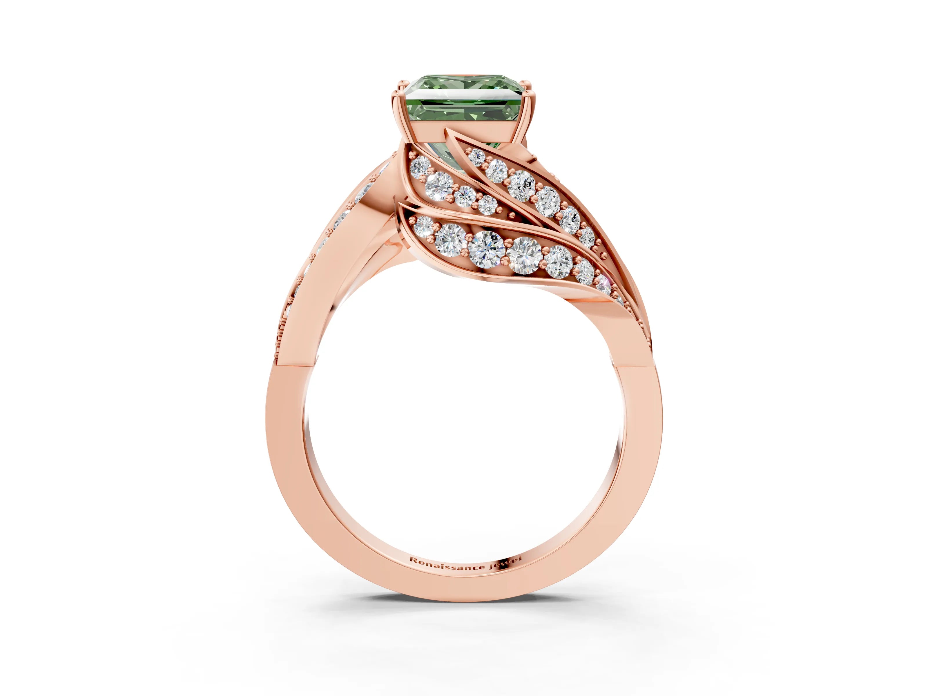 Rose gold Fancy Green Princess Cut Diamond Solitaire Ring with Prong Setting and Twisted Pavé Band_3